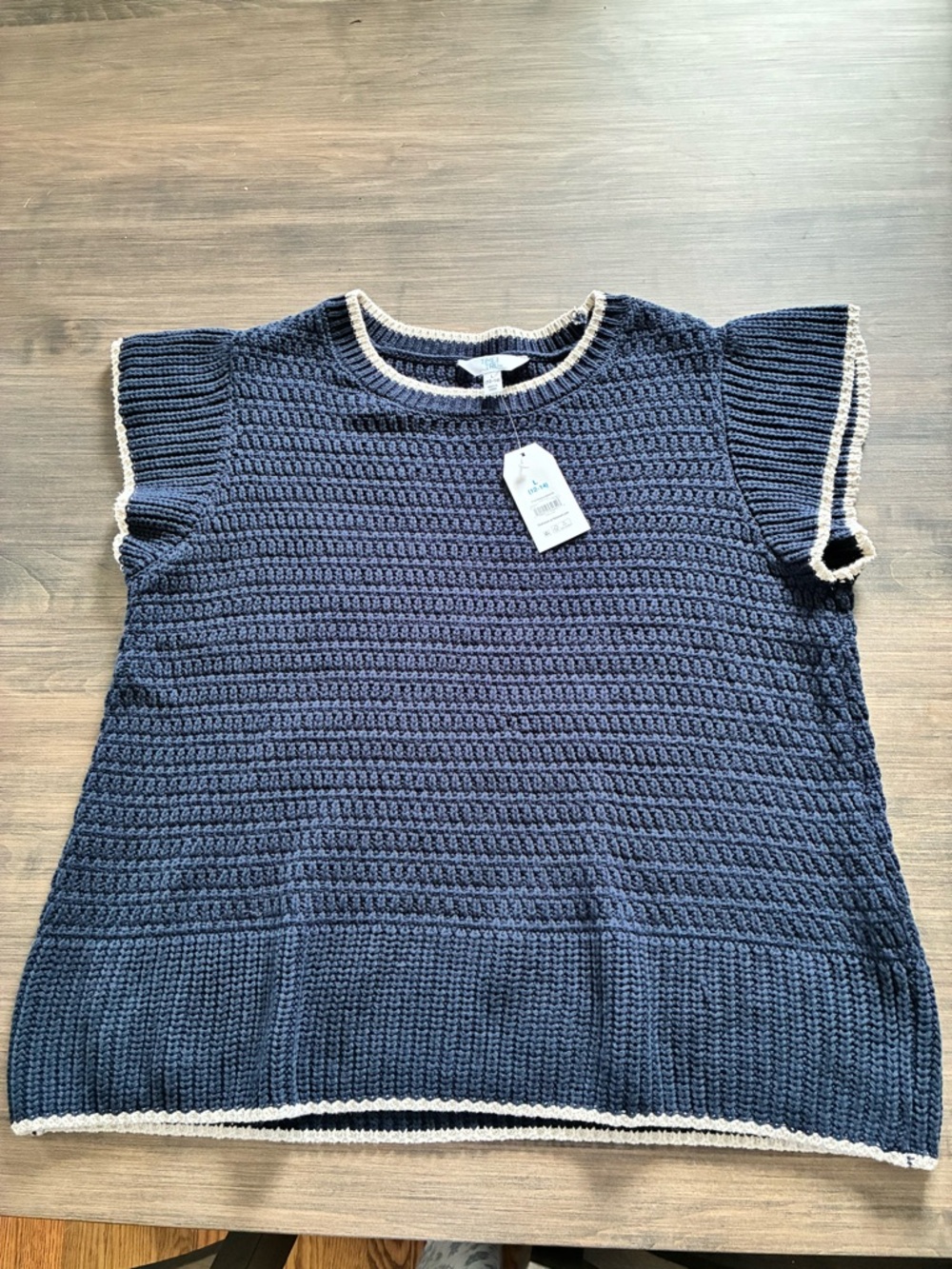 Women's Navy Blue Knit Short-Sleeve Sweater with Contrast Trim